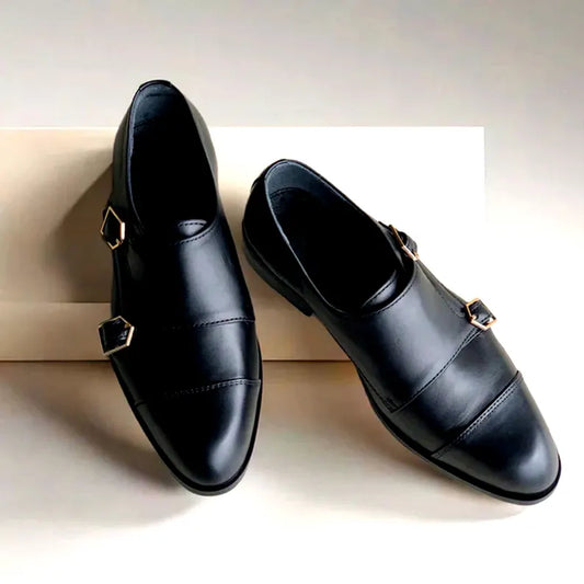 Black Calf Leather Double Monk Strap Shoes for Men