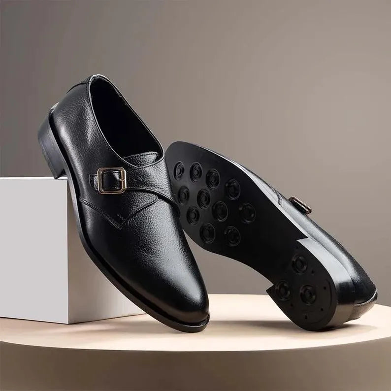 Black Monk Strap Leather Shoes for Men